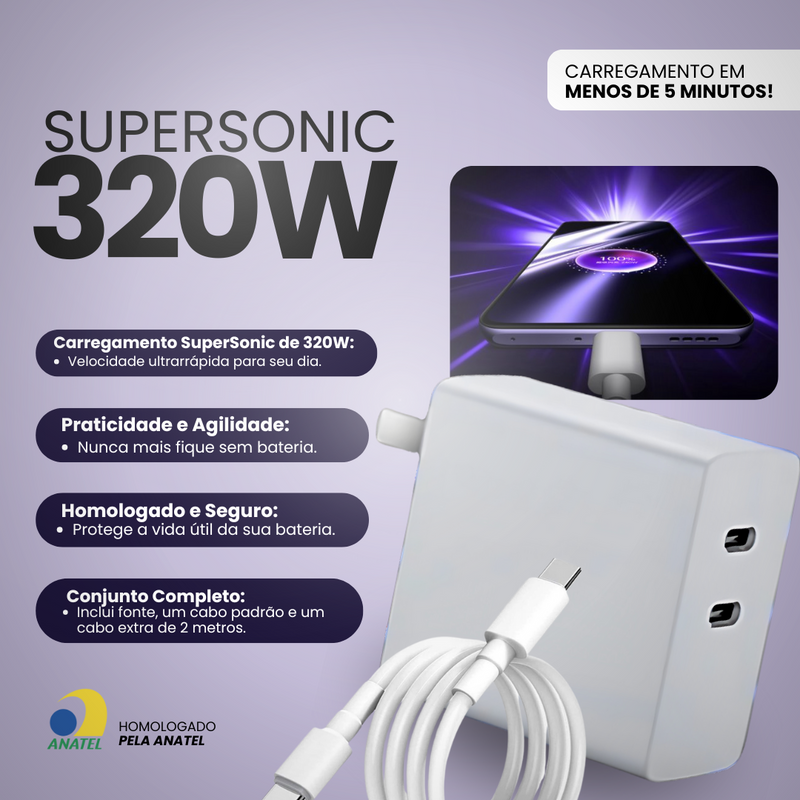 CARREGADOR SUPERSONIC 320W™ - Carregue em 5 Minutos para um Dia Sem Parar + Brinde: Cabo Extra [⚡OFERTA EXCLUSIVA HOJE]